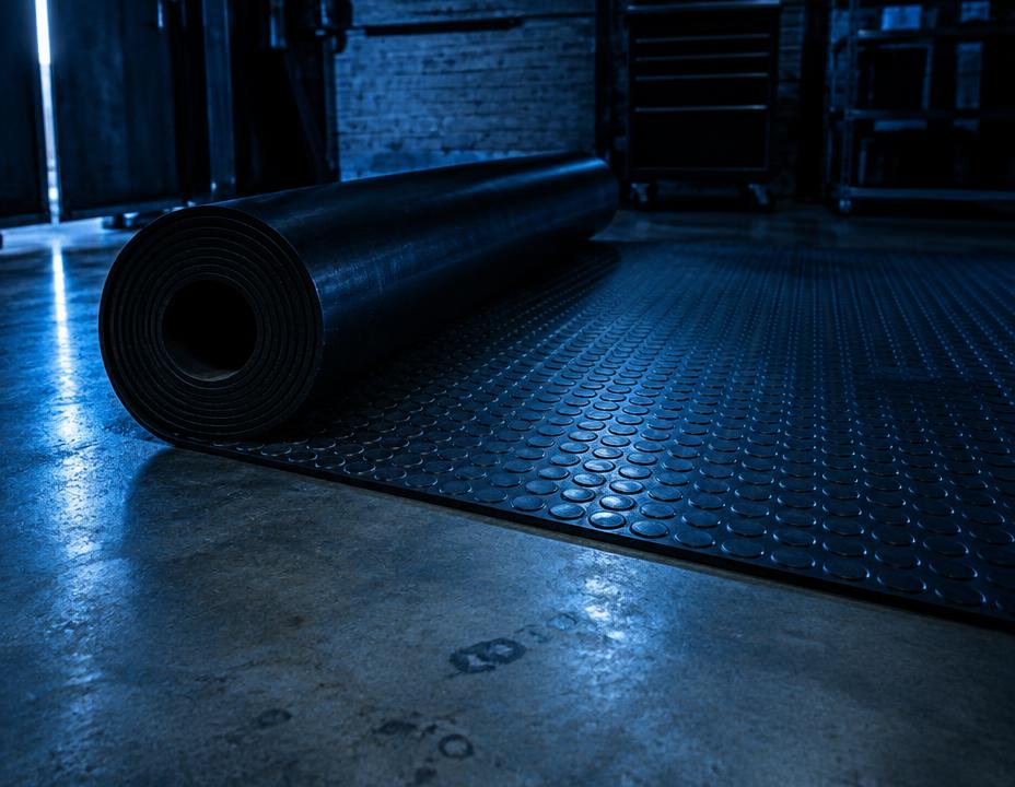 Industrial rubber matting unrolled across a concrete workshop floor